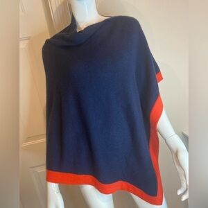 Grainne & Co. New York~NWT~100% Cashmere Poncho~Navy Blue w/Orange Trim~Size 0/1